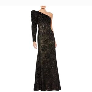 Mac Duggal Embellished One Puff Sleeve Trumpet Gown Black